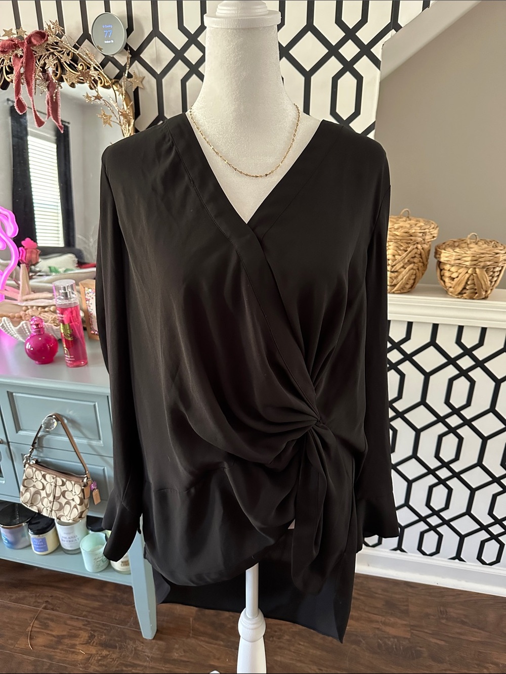 Women's Black Wrap-Front Long Sleeve Blouse with Side Knot